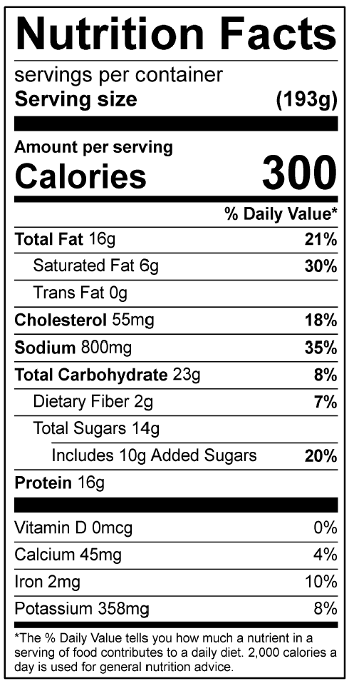 Nutrients: Calories 300 kcal; Protein 16g ; Carbohydrates 23g ; Total Dietary Fiber 2g; Added Sugar 10g; Fat 16g; Saturated Fat 6g; Sodium 800mg