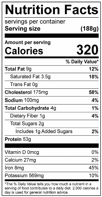 Cedar Braised Bison – missing cedar Calories 320 Total Fat 9g Saturated Fat 3.5g Sodium 100mg Carbohydrates 4g Dietary Fiber 1g Added Sugar 1g Protein 53g