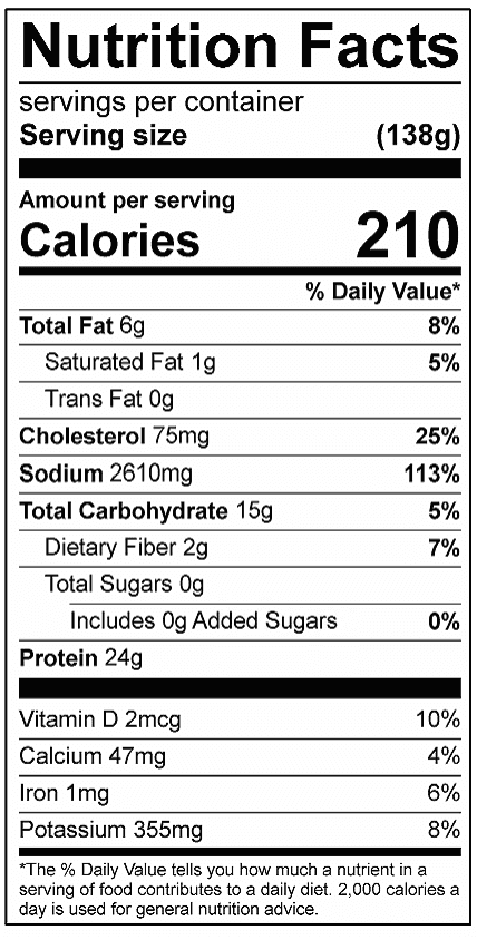 Corn Crusted Fish Filets Calories 210 Total Fat 6g Saturated Fat 1g Sodium 2601mg Carbohydrates 15g Dietary Fiber 2g Added Sugar 0g Protein 24g