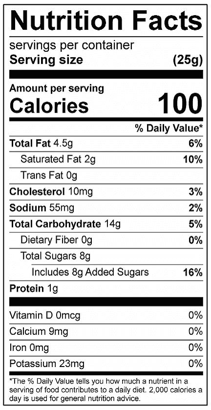 Maple Nut Cookies Calories 100 Total Fat 4.5g Saturated Fat 2g Sodium 55mg Carbohydrates 14g Dietary Fiber 0g Added Sugar 8g Protein 1g