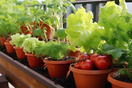 A container garden of several large pots growing tomatoes