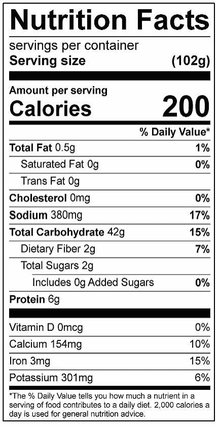 Nanapun Bread Calories 200 Total Fat .5g Saturated Fat 0g Sodium 380mg Carbohydrates 42g Dietary Fiber 2g Added Sugar 0g Protein 6g