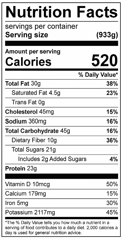 Flaked Whitefish Salad Calories 520 Total Fat 30g Saturated Fat 4.5g Sodium 360mg Carbohydrates 45g Dietary Fiber 10g Added Sugar 2g Protein 23g